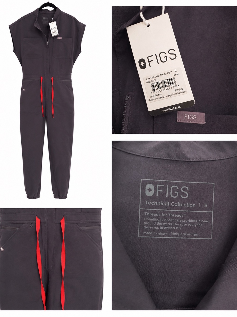 NWT - FIGS Women's Charcoal Jumpsuit with Red Drawstrings